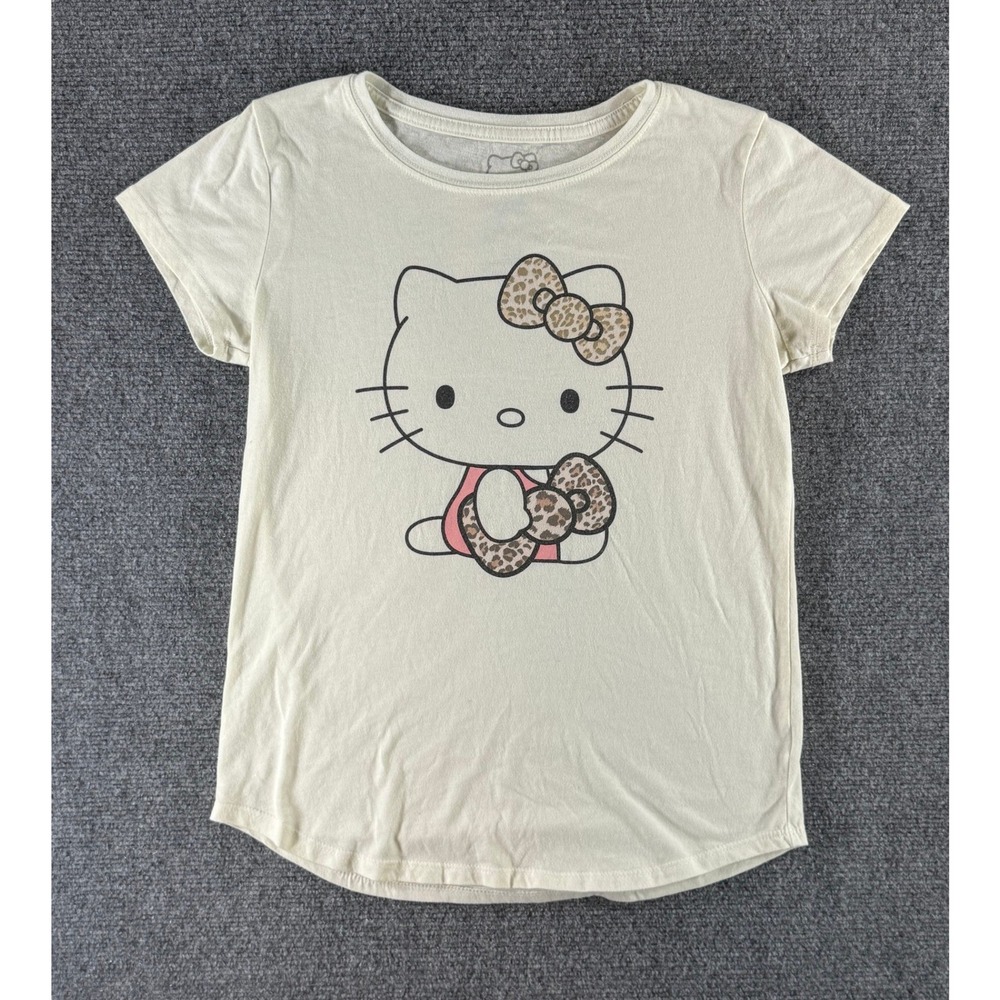 Hello Kitty Sanrio Leopard Print Bow Graphic Tee Cream Kids XL 14-16
